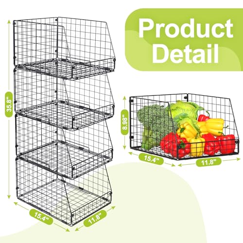 Jakyitvi 4 Pack XXL Stackable Wire Storage Basket, Extra Large Capacity Pantry Organizer and Storage, Muti-Purpose for Fruit Vegetable Basket & Toy Bin & Snack Organizer - size: 4 Pack-Narrow 11.8"W x 15.4"D