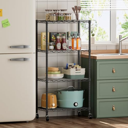 SINGAYE 4 Shelves Storage Wire Shelf Closet Metal Shelving Pantry Wheels - color: Black, size: 4Tier/14"D X 24"W X 49"H