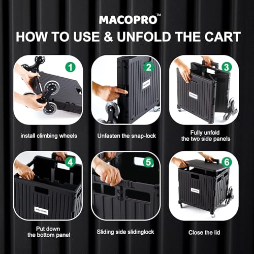 MACOPRO Foldable Utility Cart with Stair Climbing Wheels, Collapsible Rolling Crate with Telescoping Handle, Folding Shopping Trolley Handcart Grocery Book File Tool Teacher Storage Basket (Black) - color: Black