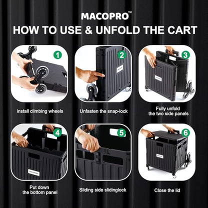 MACOPRO Foldable Utility Cart with Stair Climbing Wheels, Collapsible Rolling Crate with Telescoping Handle, Folding Shopping Trolley Handcart Grocery Book File Tool Teacher Storage Basket (Black) - color: Black