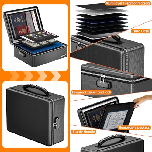 ENGPOW Fireproof Document Box with Lock & Heat-Resistant Fireproof Zipper - color: Black, size: 15.4 x 11.8 x 5.5 inches