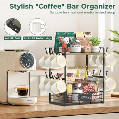 EsLuker.ly Coffee Mug Cup Holder Tree Bar Station Organizer, 2 Tier Grey Oak - color: Grey Oak + Black
