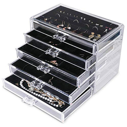 Frebeauty Extra Large Acrylic Jewelry Box for Women 5 Layers Clear Jewelry Organizer Velvet Earring Box with 5 Drawers Rings Display Case Necklaces Holder Tray for Women Girls (Black) - color: Black