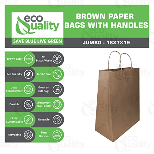 EcoQuality 18 x 7 x 19 Inch Kraft Paper Shopping Bags with Handle, 150 Pack