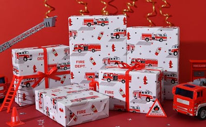 Sikiweiter Fire Truck Wrapping Paper Roll – 17 Inches x 16.5 Feet, Red Fire Engine Print, Perfect for Kids’ Birthday Parties, Firefighter-Themed Gifts & Celebrations(Fire Fighting Truck) - color: Fire Fighting Truck