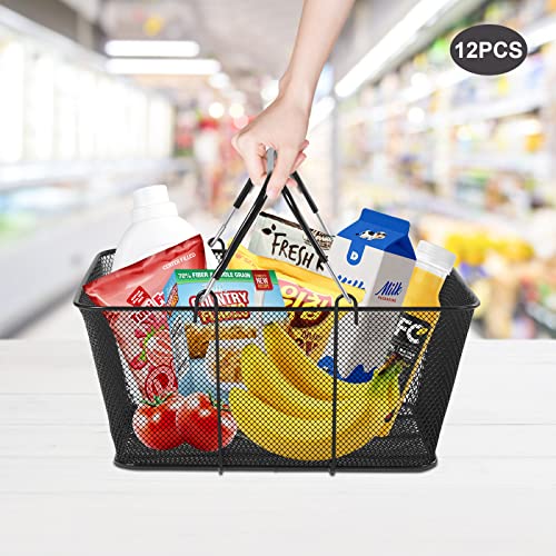 Stackable Metal Shopping Baskets, 12PCS Black Portable Hollow-out Shopping Basket with 2 Sides Foldable Handles, Multifunctional Shopping Baskets for Grocery, Retail