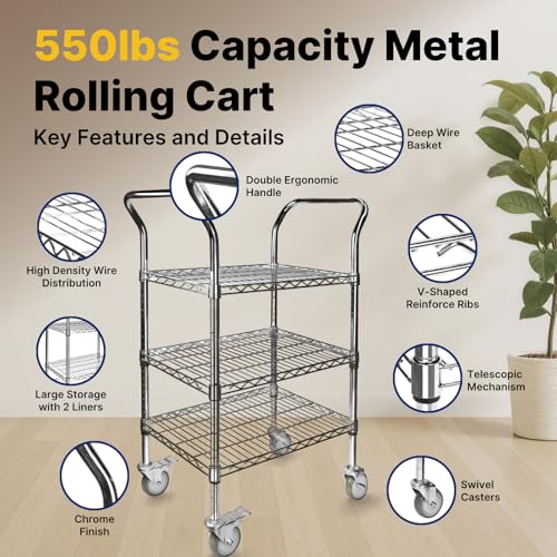 Northsky 3-Shelf Wire Utility Cart on Wheels, Chrome Finish Rolling Metal Shelving with Wheels, 550lb Capacity, 24" x 18" x 44.1", 3 Tier Rolling Cart for Kitchen Bar Storage Use - size: 24