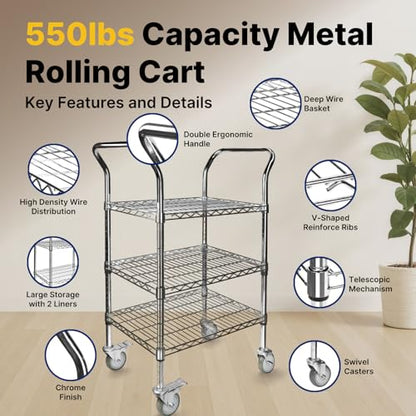 Northsky 3-Shelf Wire Utility Cart on Wheels, Chrome Finish Rolling Metal Shelving with Wheels, 550lb Capacity, 24" x 18" x 44.1", 3 Tier Rolling Cart for Kitchen Bar Storage Use - size: 24