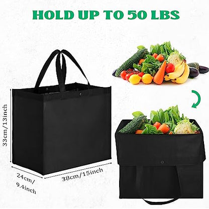 Boao 48 Pack Reusable Grocery Bags 13''L x 9.4''W x 15''H Large Foldable Shopping Tote Bag Non Woven with Handle and Button - color: Black