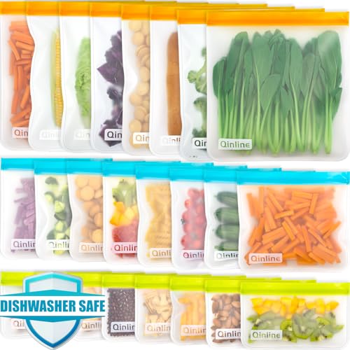Qinline Reusable Food Storage Bags - 24 Pack Freezer Extra Thick Leakproof Lunch Bag - 8 Gallon 8 Sandwich 8 Snack Bags - color: Multicolor