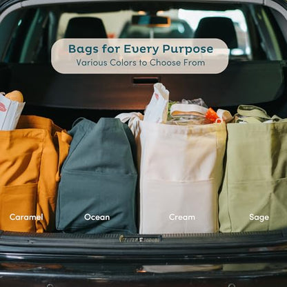 Nook Theory 3-Pack Reusable Grocery Bags - Heavy Duty, Large 12 Oz Cotton Canvas Reusable Shopping Bags With Pockets, 100% Cotton Cloth Grocery Totes, Foldable Multi Compartment (Caramel) - color: Caramel