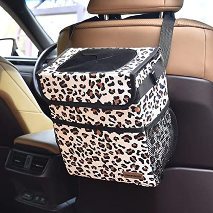 SIBOFUEGO Cute Car Trash Can with Lid, Collapsible, Leak-Proof, 2 Gallon - color: Leopard Print, size: 2 Gallons