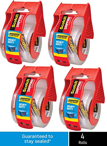 Scotch Heavy Duty Shipping Packaging Clear Tape FPMJY, 1" Core, 1.88" x 22.2 Yard, Red Dispenser, 4-Pack