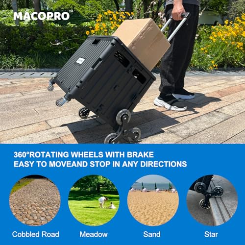 MACOPRO Foldable Utility Cart with Stair Climbing Wheels, Collapsible Rolling Crate with Telescoping Handle, Folding Shopping Trolley Handcart Grocery Book File Tool Teacher Storage Basket (Black) - color: Black
