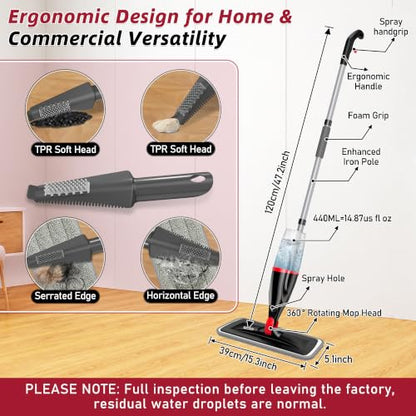 Spray Mops for Floor Cleaning: Hardwood Floor Mop Wet Mop & 3 Washable Pads - color: Red/Black
