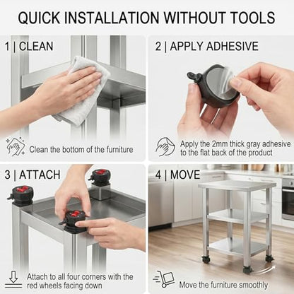 Zerobe Self-Adhesive Furniture Wheels: Silent Brake Casters (4-Pack)