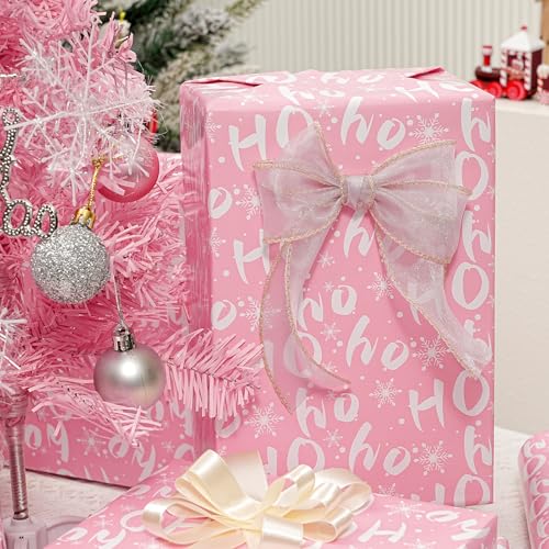 Ulmasinn Reversible Christmas Wrapping Paper Pink Mini Roll 17 Inches X 33 Feet for Girls Kids,printed with “Ho Ho” and Pink Holiday Collection Design for Festivals, Parties, Celebrations - color: Christmas Pink