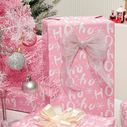 Ulmasinn Reversible Christmas Wrapping Paper Pink Mini Roll 17 Inches X 33 Feet for Girls Kids,printed with “Ho Ho” and Pink Holiday Collection Design for Festivals, Parties, Celebrations - color: Christmas Pink