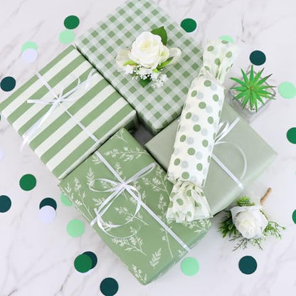 BEISHIDA 100 Sheets Green Tissue Paper Bulk,Botanical Dots Stripes Gingham Wrapping Tissue Paper for Gift Bags, 14 x 20 Inch Gift Wrap for Spring Birthday Baby Shower Wedding DIY Crafts - color: sagegreen100