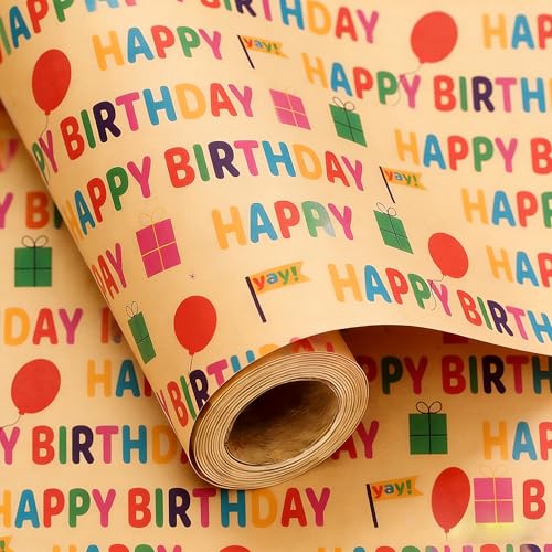 VOWOVOSDAY Birthday Wrapping Paper,Gift Wrapping Paper Roll,Kraft Wrapping Paper-17 inch X 33 Feet Per roll,Colorful Happy Birthday Pattern for Boys Girls,Baby Shower(10Happy Birthday) - color: Kraft Happy Birthday