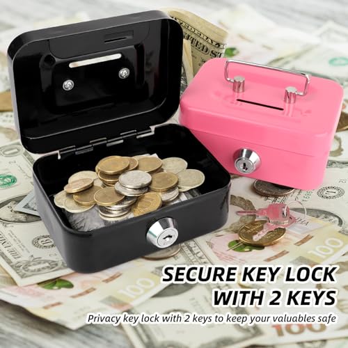 4 Pcs Metal Cash Box Set with Key Lock,4.5" x 3.3" x 2" Steel Money Box for Coins Bills,Portable Mini Safe Piggy Bank for Kids,Christmas Gifts Without Money Tray(Black/Green/Gray/Pink)