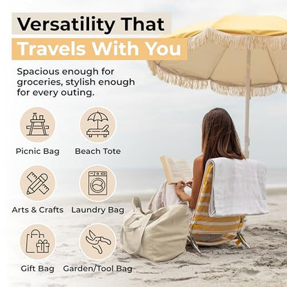 VeraMia Canvas Grocery Bag 3pc XL Set with Real Pockets, Long Shoulder Strap and Short Handle. Heavy Duty, Foldable, Washable - color: Beige