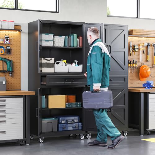 Letaya Metal Garage Storage Cabinets with Wheels,Black Rolling Tool Cabinet - color: Black, size: 15.7” D x 32” W x 73” H