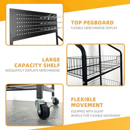 TONGMO 5 Tier Snack Rack Display Stand - Retail Display Shelves with Top Pegboard, 15 Hooks, Bakery Display Rack on Wheels for Easy Mobility and Organization (Black, 5‑Tier) - color: Black