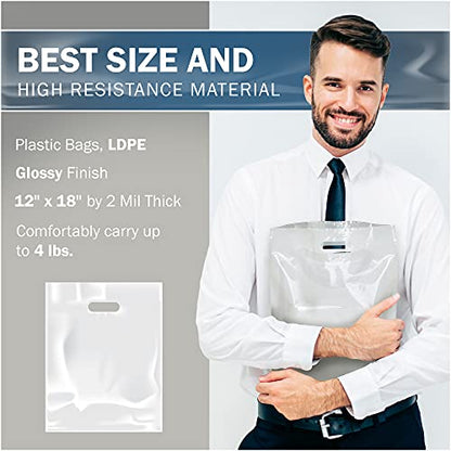 12x18 White Plastic Bags, Medium, Glossy Finish, 2 Mil Thick, 100 Pack