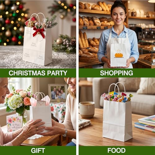 OUTUXED 100pcs Small White Paper Bags with Handles, Kraft Paper Gift Bags - color: White 5.25x3.2x8in, size: 1 Count (Pack of 100)