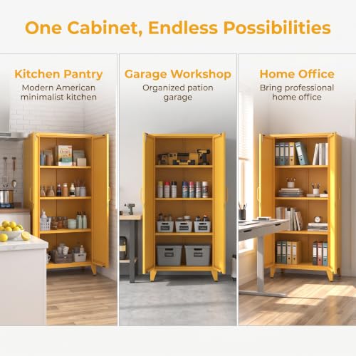 61" Tall Yellow Farmhouse Metal Kitchen Pantry Cabinet, Lockable Freestanding Storage Cabinet with 2 X-Shape Metal Doors & 3 Adjustable Shelves, Cupboard with Legs for Home, Bedroom, Garage, Office - color: Mustard, style: Pantry-61"H-DH