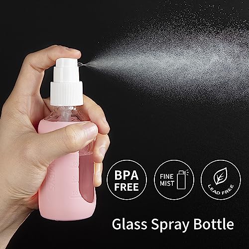 HOMBYS Empty Clear Glass 2oz Small Spray Bottles with Silicone Sleeve Protection - Refillable Containers for Travel, Cleaning Solutions, Essential Oils, Sanitizers - Fine Mist Spray - 4 Pack-Clear - color: Pink,White,Orange,Army Green