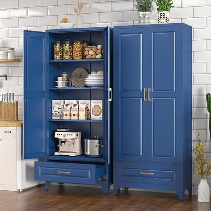 Polup 75" Metal Storage Cabinet, Tall Kitchen Pantry Cabinet with 1 Drawer - color: Blue, size: 75"H - 1 Drawer