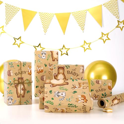 WERNNSAI Baby Shower Kraft Wrapping Paper, 33 ft Brown Woodland Animals - color: Baby-Kraft Paper
