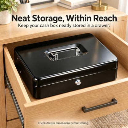 KYODOLED Cash Box with Money Tray and Key Lock, 1mm Thick Metal Cash Drawer - color: Black