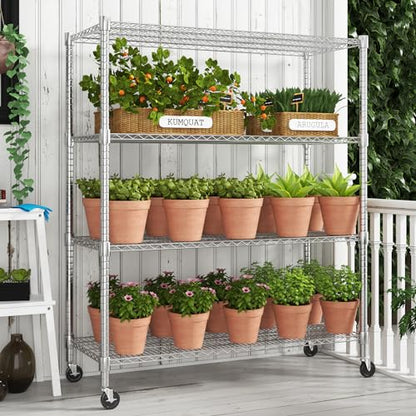 Homdox 4-Tier Heavy Duty Metal Shelves with Wheels - 2400LBS Commercial Adjustable Shelves for Garage, Pantry, Kitchen - 24"x60"x72", Chrome - color: Silver, size: 24"x60"x72"