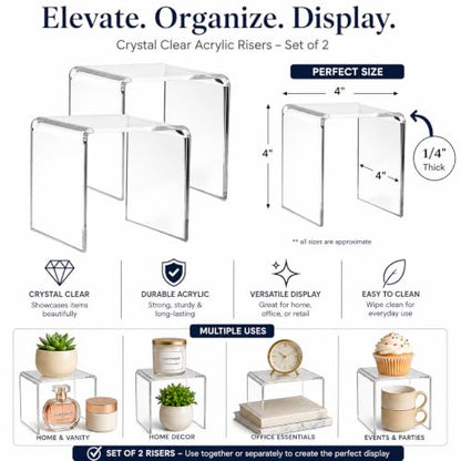 Clear Acrylic Display Stands Set of 2 - 4 Inch Tall U-Shaped Display Risers - Tabletop Display Stands for Collectibles, Jewelry, Retail Displays, Cupcakes, Craft Shows, Weddings & Home Décor
