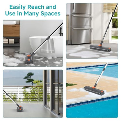 Floor Scrub Brush with Long Handle Length Adjustable, 3 in 1 Heavy-Duty Stiff 90° Bristle Floor Scrubber Broom with Squeegee, Cleaning Brush for Bathroom, Garage, Kitchen, Tile, Deck & Patio (Gray) - color: Gray
