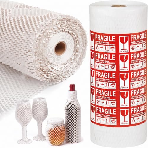 Honeycomb Packing Paper | 15"x197' Heavy Duty Moving & Shipping Paper with Fragile Stickers, Eco-Friendly Recyclable Cushioning Wrap for Furniture, Fragile Items, Gift Packaging & DIY Crafts (White) - color: White