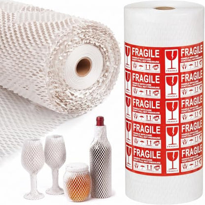 Honeycomb Packing Paper | 15"x197' Heavy Duty Moving & Shipping Paper with Fragile Stickers, Eco-Friendly Recyclable Cushioning Wrap for Furniture, Fragile Items, Gift Packaging & DIY Crafts (White) - color: White