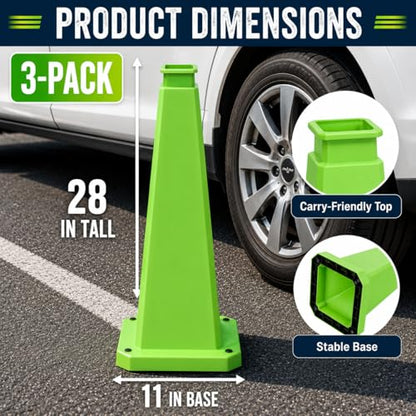 BESEA 3 Pack 28 Inch Green Traffic Cones with Weighted Base - color: Green, size: 28INCH
