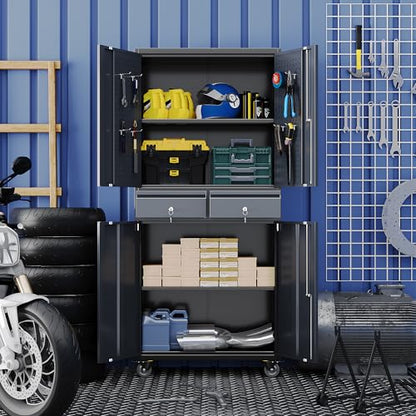 71" Metal Garage Storage Cabinet with 2 Drawers and Wheels - color: Black-dark Gray, size: 16"D x 30"W x 71"H