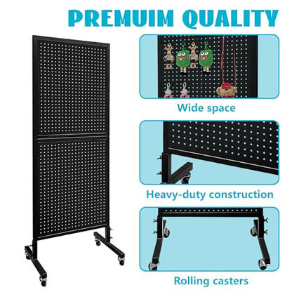 Royxen Large Standing Pegboard Display with T-Base, 2 x 5.4 Feet Metal Pegboard Display Stand with 30 Hooks, Peg Board Panels with Wheels for Vendors, Home and Retail Store (Black) - color: Black
