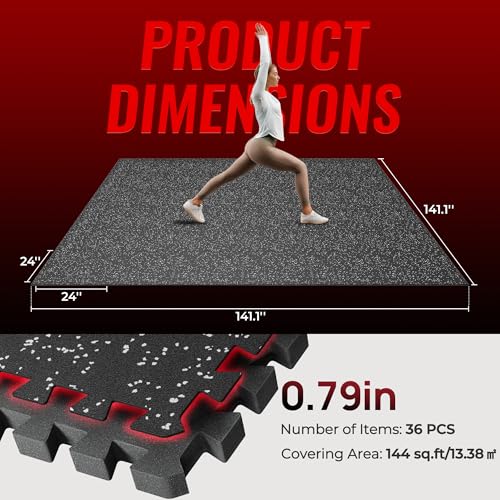 SUPERJARE 0.79'' Extra-Thick 36 Pcs 144 Sq Ft Exercise Equipment Mats - color: Black/Grey, size: 36 Tiles (144 Sq Ft)