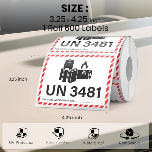 600 PCS UN 3481 Lithium Ion Battery Labels 3.25 × 4.25 Inches - size: 3.25 × 4.25 Inches