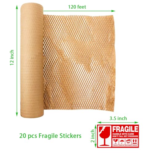 Honeycomb Packing Paper 12" W x 120' L Packing Paper for Moving Products & Gifts Honeycomb Wrapping Paper Recyclable and Biodegradable Cushioning Packing Material with 20 Fragile Stickers - size: 12'' W x 120' L