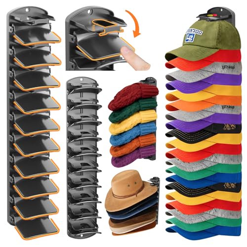 Spring Clip Hat Organizer Hold Storage 40 Caps for Baseball Caps（2-Pack） Wall Mount Closet & Door Hat Rack Holder Hanging Closet Install with Strong Adhesive or Screws.