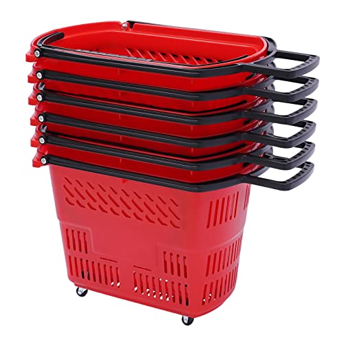 6PCS Plastic Shopping Basket, 35L Portable Shopping Carts with Wheels and Handle for Supermarkets Retail Stores Grocery, Heavy Duty PP Rolling Trolley (Red) - color: Red