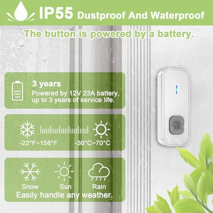 SURFOU Wireless Doorbell 2 Buttons 2 Receivers, 1300ft, 55 Chimes 5 Vol