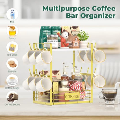 EsLuker.ly Coffee Mug Cup Holder Tree Bar Station Organizer, 2 Tier Gold - color: White + Gold